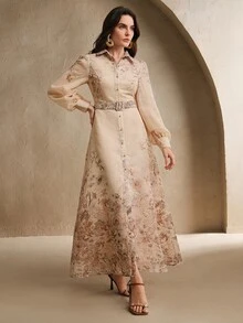 Anewsta Elegant Floral Print Collared Puff Sleeve Dress For Women, Spring To Summer - Brown - View 4