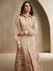 Anewsta Elegant Floral Print Collared Puff Sleeve Dress For Women, Spring To Summer - Brown - View 5