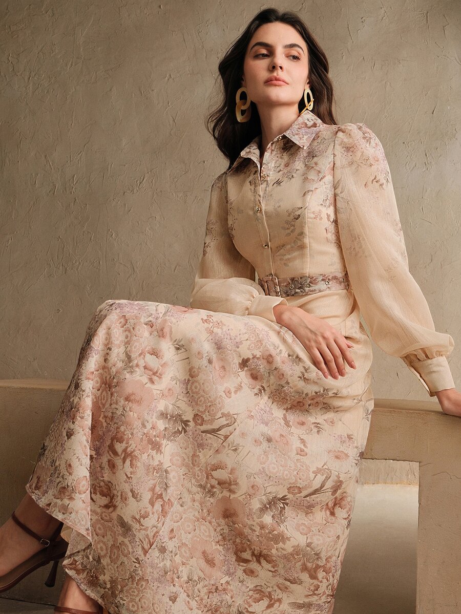 Anewsta Elegant Floral Print Collared Puff Sleeve Dress For Women, Spring To Summer - Brown - View 1