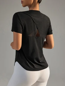 Slayform Slayform Slogan Graphic Batwing Sleeve Crop Sports Tee Workout Tank Top Gym Women Shirts - Black - View 4