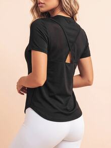 Slayform Slayform Slogan Graphic Batwing Sleeve Crop Sports Tee Workout Tank Top Gym Women Shirts - Black - View 3