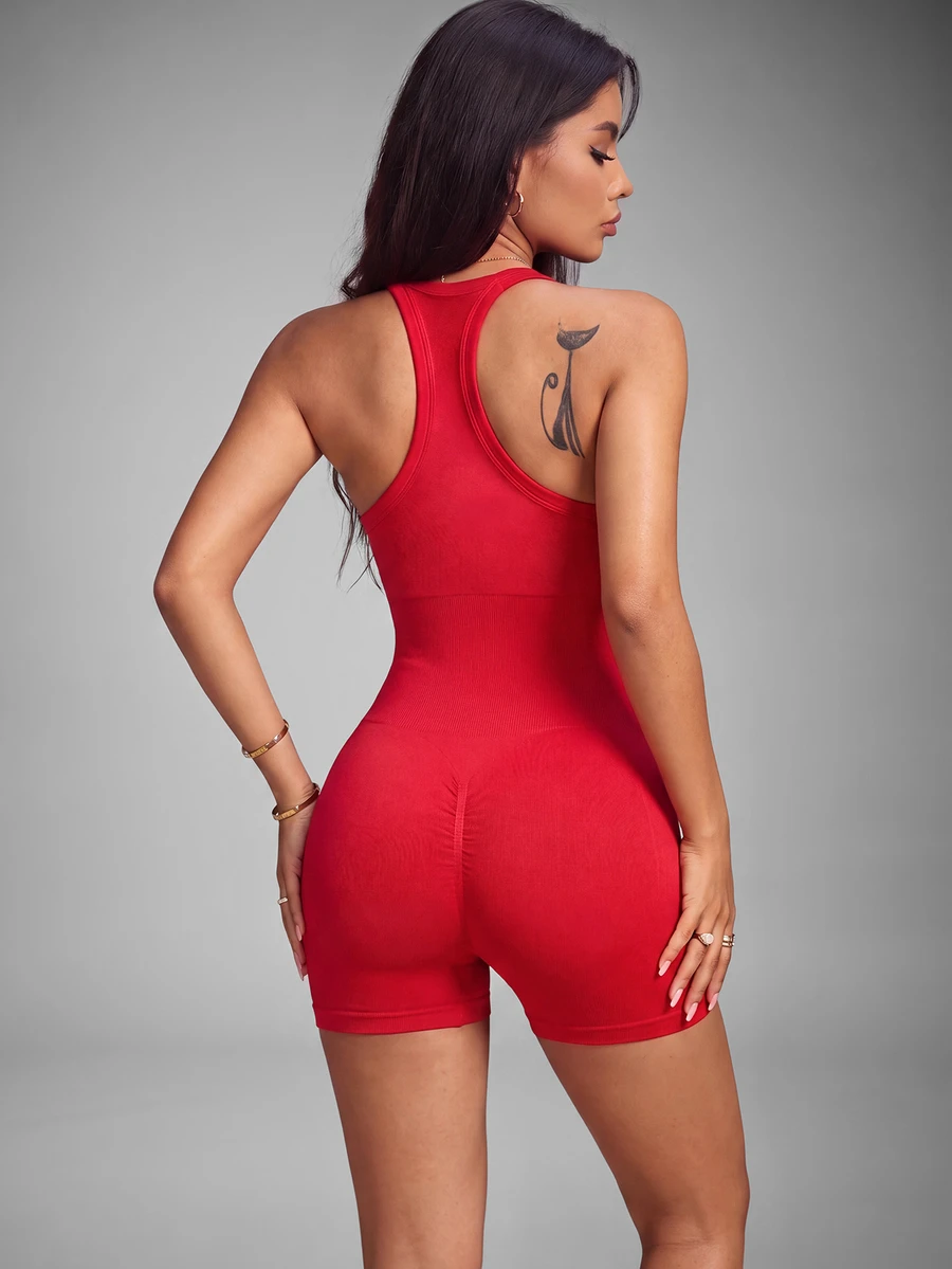 Slayform Slayform Seamless Knit Sports Sleeveless Romper, Suitable For Yoga, Fitness, Sports, Casual, Racerback Design With Cutout Front - Red - View 1