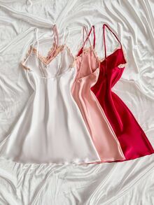 SilkySpell 3pcs Women Sexy Deep V Slip Dress Set, Elegant Satin Multi-Color Combination, Embroidered Lace, - Multicolor - View 2
