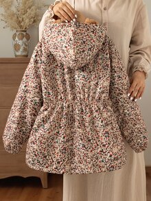 Girls Fleece Hooded Long Sleeve Botanical Zip Pocket Regular Loose Fit Fleece Lined K-Pop Jacket Winter Brown - Brown - View 2