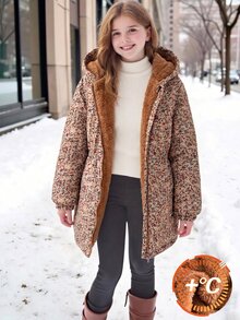 Girls Fleece Hooded Long Sleeve Botanical Zip Pocket Regular Loose Fit Fleece Lined K-Pop Jacket Winter Brown - Brown - View 4