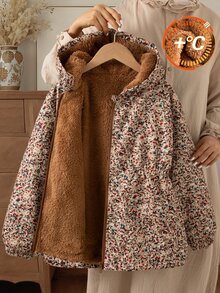 Girls Fleece Hooded Long Sleeve Botanical Zip Pocket Regular Loose Fit Fleece Lined K-Pop Jacket Winter Brown - Brown - View 5