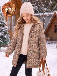 Girls Fleece Hooded Long Sleeve Botanical Zip Pocket Regular Loose Fit Fleece Lined K-Pop Jacket Winter Brown - Brown - View 3