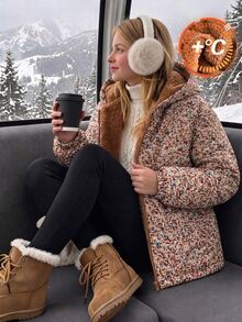 Girls Fleece Hooded Long Sleeve Botanical Zip Pocket Regular Loose Fit Fleece Lined K-Pop Jacket Winter Brown - Brown - View 1