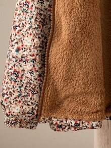 Girls Fleece Hooded Long Sleeve Botanical Zip Pocket Regular Loose Fit Fleece Lined K-Pop Jacket Winter Brown - Brown - View 8