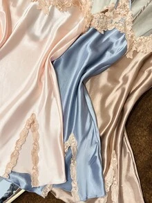 SilkySpell 三件套女士性感深V吊带裙套装，优雅缎面多色拼接，刺绣饰边，四季皆宜，可作睡衣或外衣穿着。 - 彩色 - 查看 5