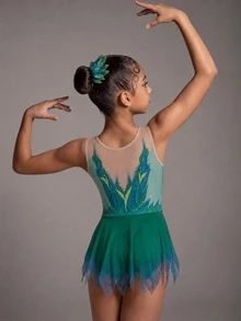 SHEIN Tween Girls Gymnastics Leotard, Mesh Bottom, All-Over Print Design. High Stretch Fabric, Comfortable Stretch, Fall Winter, Autumn, Back To School - Green - View 3