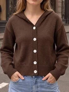 SHEIN Girls' Fashion Casual Fresh Short Solid Color Autumn/Winter Hooded Knit Cardigan Sweater - Brown - View 6