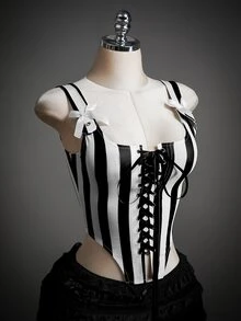 SHEIN ICON 女款黑白條紋修身綁帶性感背心，萬聖節女性服裝，適合夜晚外出、夜店、夏季穿著 - 黑與白 - 查看 6