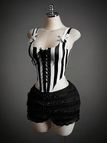 SHEIN ICON 女款黑白條紋修身綁帶性感背心，萬聖節女性服裝，適合夜晚外出、夜店、夏季穿著 - 黑與白 - 查看 10