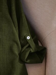 Rusticease Plus Size Vacation Casual Solid Color Notch Collar Roll-Up Sleeve Shirt Fall - Army Green - View 5