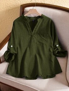 Rusticease Plus Size Vacation Casual Solid Color Notch Collar Roll-Up Sleeve Shirt Fall - Army Green - View 3
