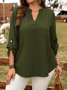 Rusticease Plus Size Vacation Casual Solid Color Notch Collar Roll-Up Sleeve Shirt Fall - Army Green - View 8