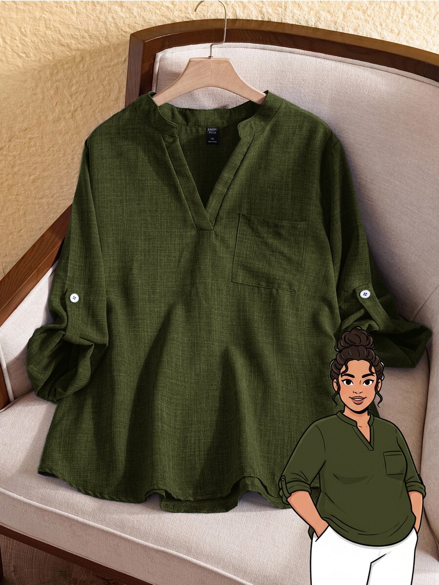 Rusticease Plus Size Vacation Casual Solid Color Notch Collar Roll-Up Sleeve Shirt Fall - Army Green - View 1