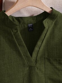 Rusticease Plus Size Vacation Casual Solid Color Notch Collar Roll-Up Sleeve Shirt Fall - Army Green - View 4