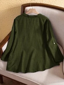 Rusticease Plus Size Vacation Casual Solid Color Notch Collar Roll-Up Sleeve Shirt Fall - Army Green - View 2