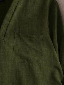 Rusticease Plus Size Vacation Casual Solid Color Notch Collar Roll-Up Sleeve Shirt Fall - Army Green - View 6