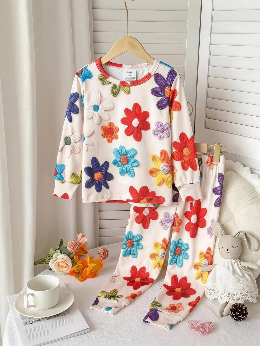 SHEIN 少女針織軟綿圓領長袖套頭上衣+彈性腰緊身長褲兩件套 - 彩色 - 查看 1