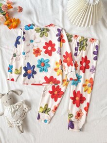 SHEIN 少女針織軟綿圓領長袖套頭上衣＋彈性腰緊身長褲兩件套 - 彩色 - 查看 6