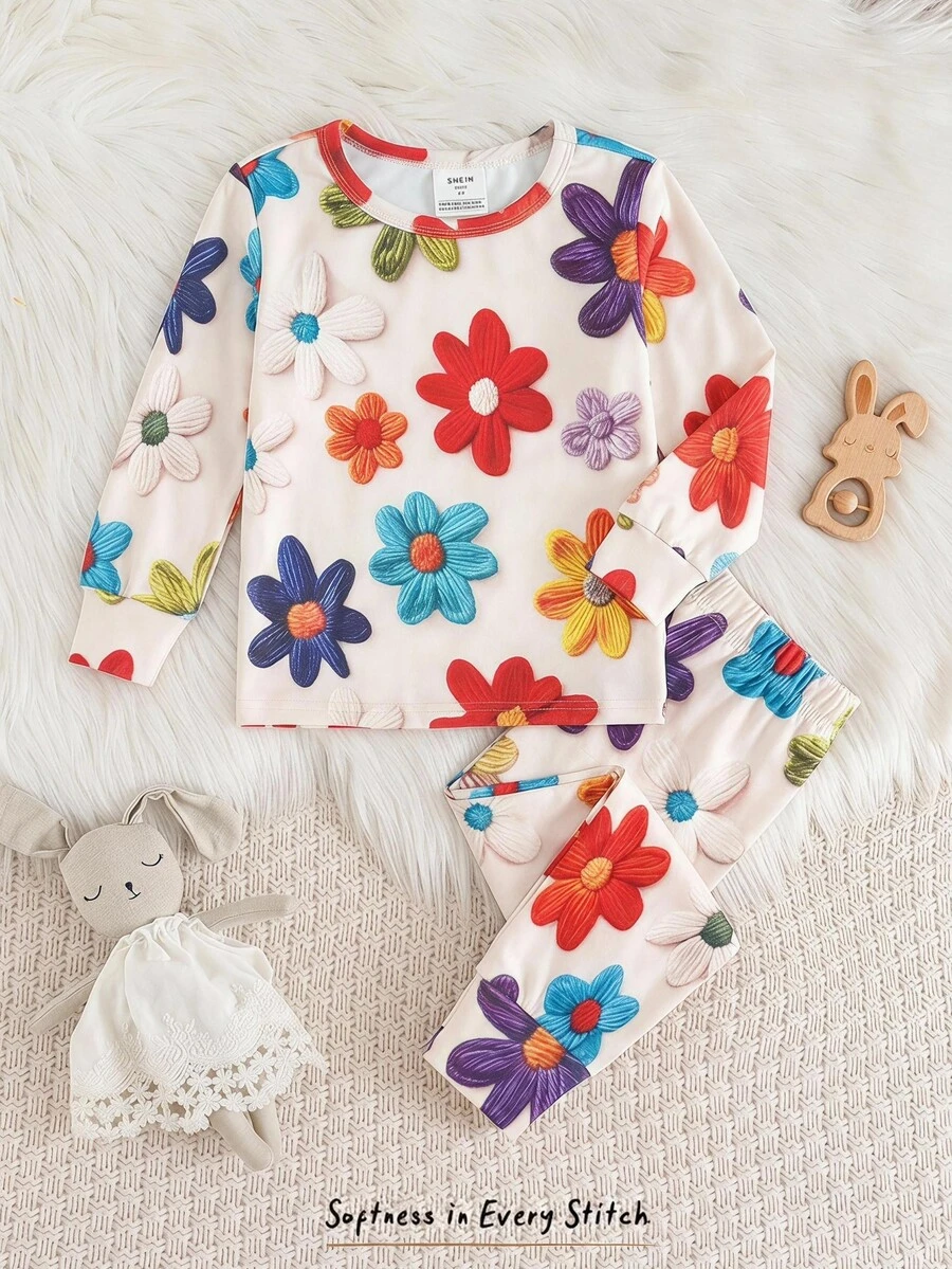SHEIN Youn Girl Knit Soft Round Neck Long Sleeve Pullover Top Elastic Waist Long Pants Tight Two Pieces Set Young Girl - Multicolor - View 1