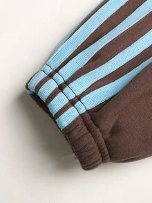 SHEIN 青少年女孩秋冬休閒街頭風棕色保暖內裡拼色織帶拼接拉鍊立領寬鬆衛衣外套與運動長褲2件套，日常休閒時尚百搭 - 棕色 - 查看 6