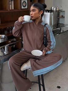 SHEIN 青少年女孩秋冬休閒街頭風棕色保暖內裡拼色織帶拼接拉鍊立領寬鬆衛衣外套與運動長褲2件套，日常休閒時尚百搭 - 棕色 - 查看 3