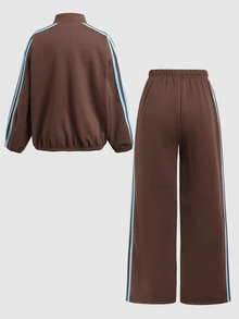 SHEIN 青少年女孩秋冬休閒街頭風棕色保暖內裡拼色織帶拼接拉鍊立領寬鬆衛衣外套與運動長褲2件套，日常休閒時尚百搭 - 棕色 - 查看 5