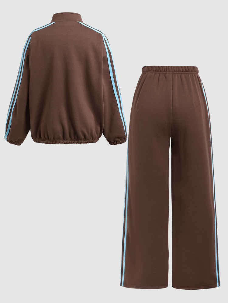 SHEIN Teen Girls Teen Girl Autumn/Winter Casual Streetwear Brown Fleece Lined Colorblock Webbing Patchwork Zip-Up Stand Collar Loose Sweatshirt Jacket & Sweatpants 2-Piece Set, Daily Casual Fashion Versatile - Brown - View 5