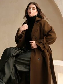 Anewsta 大码女士优雅宽松翻领双排扣长款棕色羊毛大衣，适合秋季、冬季穿着，优雅时尚，新年、休闲、圣诞节等场合皆宜，尽显奢华气质。 - 棕色 - 查看 1