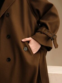 Anewsta 大码女士优雅宽松翻领双排扣长款棕色羊毛大衣，适合秋季、冬季穿着，优雅时尚，新年、休闲、圣诞节等场合皆宜，尽显奢华气质。 - 棕色 - 查看 2