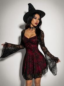 SHEIN ICON Women's Floral Lace Flounce Sleeve Ruched Bust Dress, Halloween Costumes For Women - Red and Black - View 10