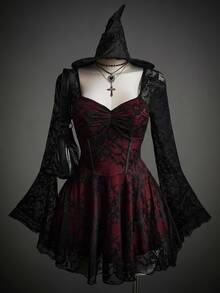 SHEIN ICON Women's Floral Lace Flounce Sleeve Ruched Bust Dress, Halloween Costumes For Women - Red and Black - View 3