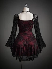SHEIN ICON Women's Floral Lace Flounce Sleeve Ruched Bust Dress, Halloween Costumes For Women - Red and Black - View 2