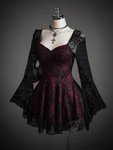 SHEIN ICON Women's Floral Lace Flounce Sleeve Ruched Bust Dress, Halloween Costumes For Women - Red and Black - View 4