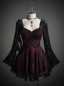 SHEIN ICON Women's Floral Lace Flounce Sleeve Ruched Bust Dress, Halloween Costumes For Women - Red and Black - View 1
