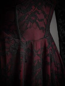 SHEIN ICON Women's Floral Lace Flounce Sleeve Ruched Bust Dress, Halloween Costumes For Women - Red and Black - View 9