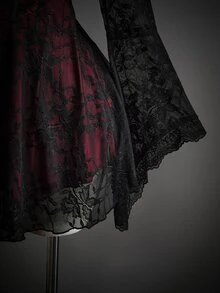 SHEIN ICON Women's Floral Lace Flounce Sleeve Ruched Bust Dress, Halloween Costumes For Women - Red and Black - View 5