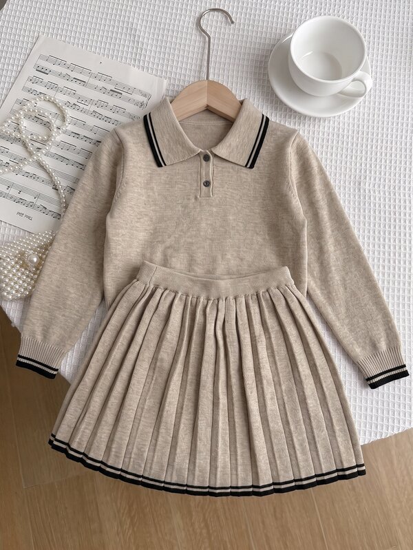 SHEIN Explorewe Girls' Fashion Academy Style Navy Collar Handmade Bow Knitted Sweater Long Sleeve Skirt Set