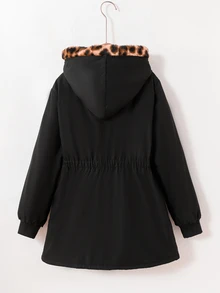SHEIN 青少年女孩 1件 豹紋時尚可翻面抓絨長袖風衣外套，適合秋冬穿搭 - 彩色 - 查看 3