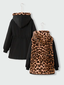 SHEIN 青少年女孩 1件 豹紋時尚可翻面抓絨長袖風衣外套，適合秋冬穿搭 - 彩色 - 查看 5