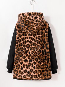 SHEIN 青少年女孩 1件 豹紋時尚可翻面抓絨長袖風衣外套，適合秋冬穿搭 - 彩色 - 查看 7
