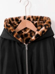 SHEIN 青少年女孩 1件 豹紋時尚可翻面抓絨長袖風衣外套，適合秋冬穿搭 - 彩色 - 查看 10