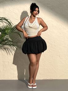 CovetEZ 大碼女士純色高腰短筒裙 - 黑色 - 查看 4