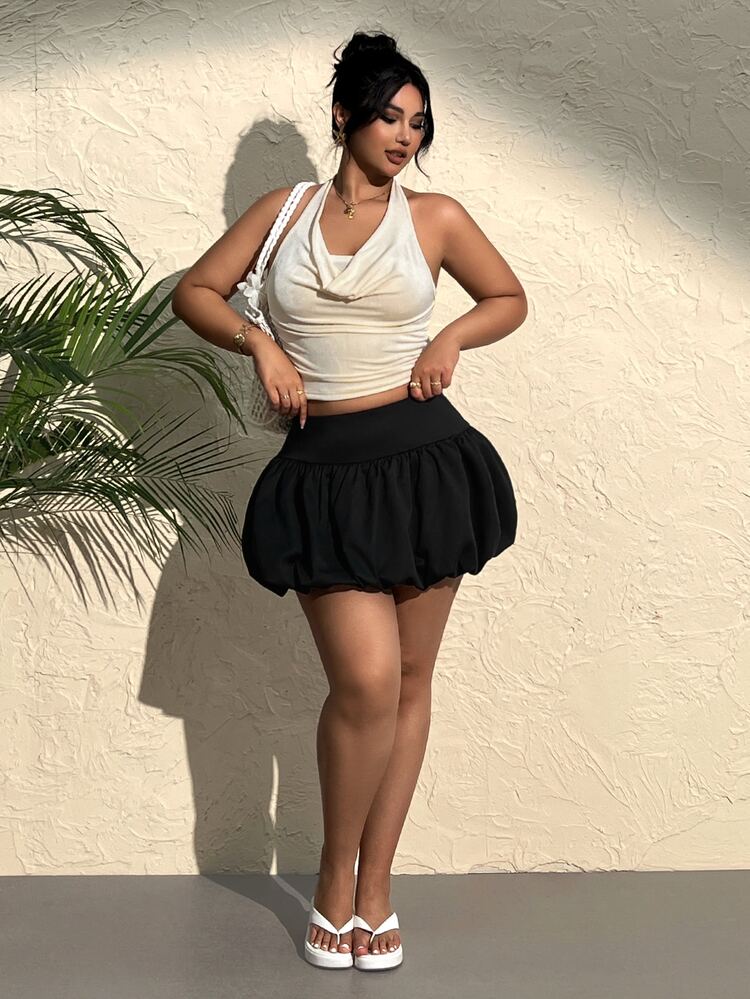 CovetEZ Plus Size Women's Solid Color High Waist Short Bud Skirt - Black - View 4