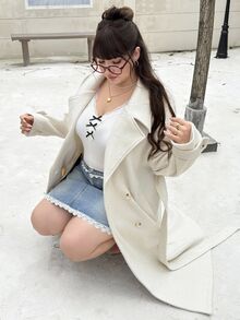 CovetEZ 秋冬大码休闲街头风纯白色卷毛绒感翻领长款毛呢大衣 - 白色 - 查看 6