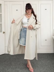 CovetEZ 秋冬大码休闲街头风纯白色卷毛绒感翻领长款毛呢大衣 - 白色 - 查看 7